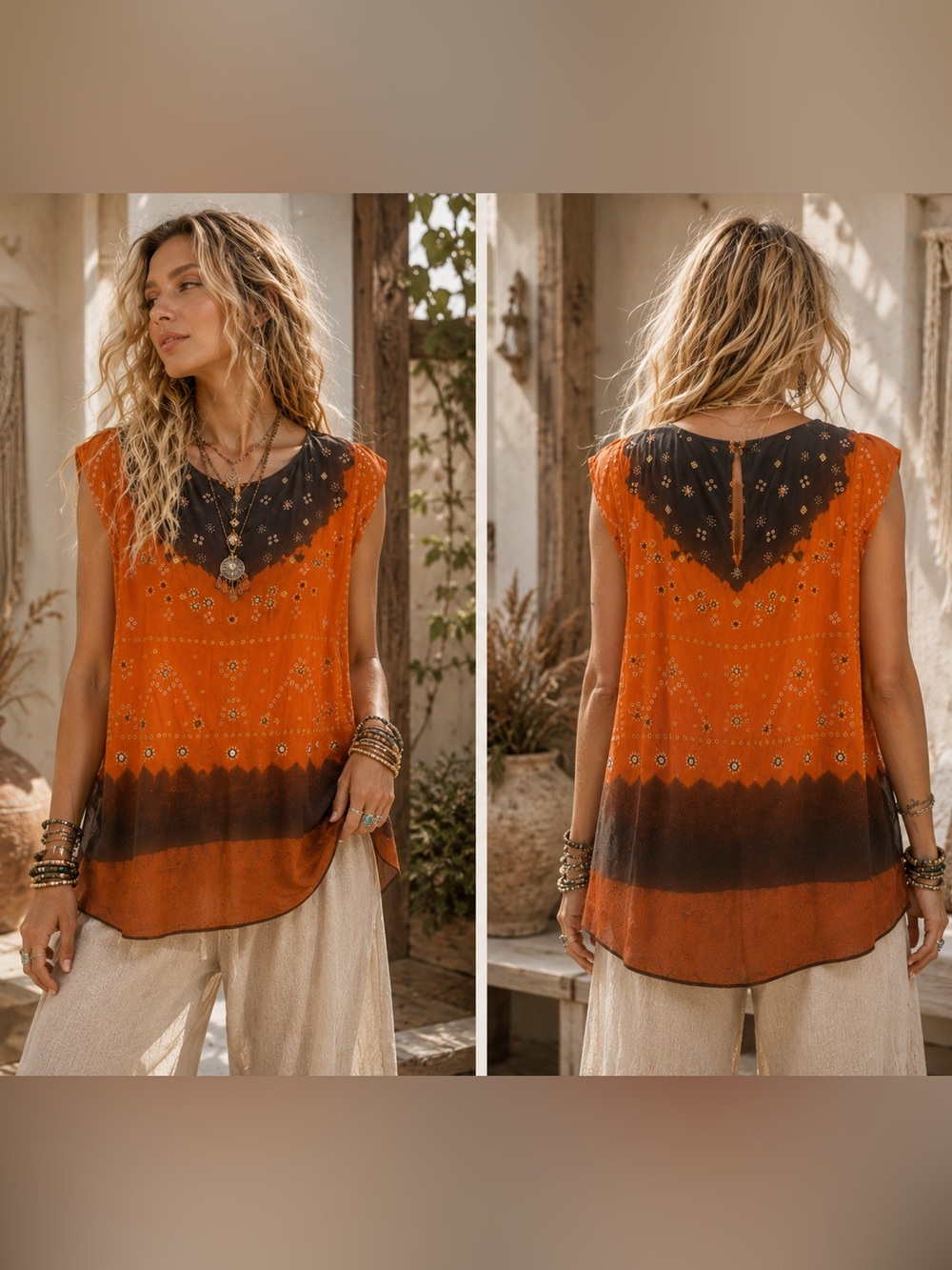 Women’s Embellished Sleeveless Desi Boho Tie Dye Relaxed Hippie Tunic Small